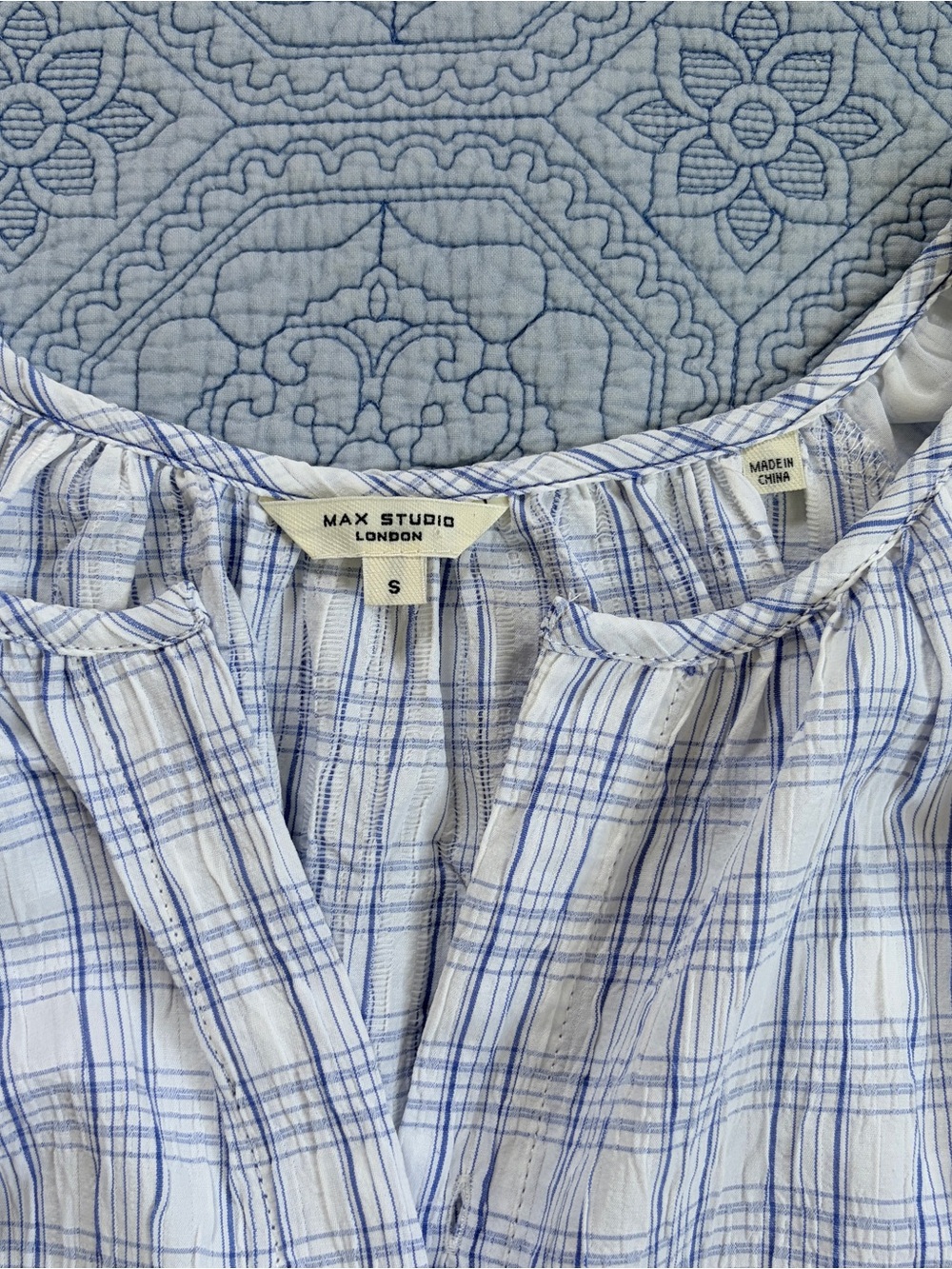 Max Studio Light Blue & White Plaid Puff-Sleeve Peasant Top - Picture 2 of 6